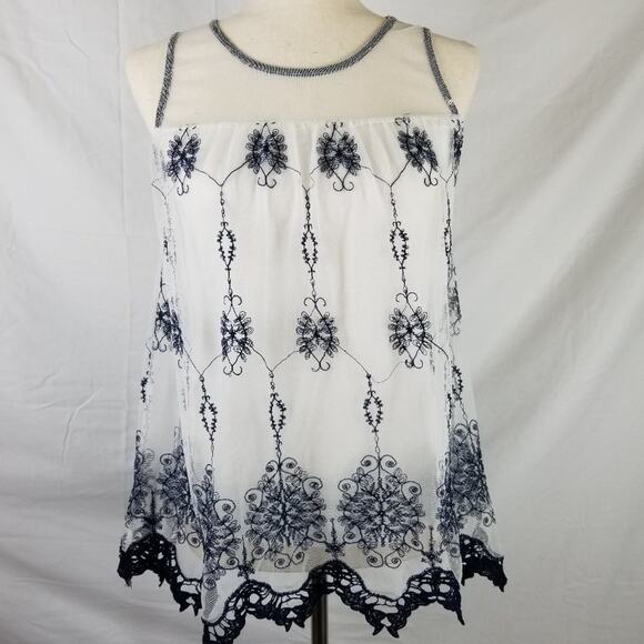Lavish Blue White Sleeveless Tank Mesh Lined Embroidery Top Shirt Size S - Picture 1 of 10